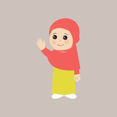 Müslüman çocuk, küçük kız Ramazan çizgi film çizimi. Geleneksel giysiler içinde sevimli bir bayan çocuk. Mutlu ve tesettürlü çocuk karakteri. Müslüman kız farklı bir eylemde