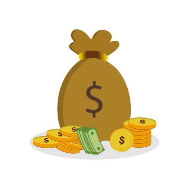 Bir para çantası ve bir yığın altın sikke, içinde dolar işareti olan para. Zenginliği ve finansal başarıları temsil ediyor. Düz vektör illüstrasyonu.