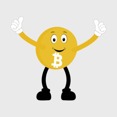 Bitcoin Kripto Para Birimi Karakteri Tasarım Maskotu, sevimli bitcoin karakterlerinin hareketleri. Şifreli paraların vektör çizimleri. Çizgi film, kolları ve bacakları olan komik altın maskotlar.