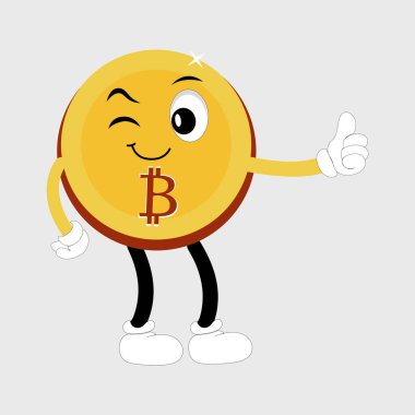 Bitcoin Kripto Para Birimi Karakteri Tasarım Maskotu, sevimli bitcoin karakterlerinin hareketleri. Şifreli paraların vektör çizimleri. Çizgi film, kolları ve bacakları olan komik altın maskotlar.