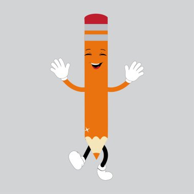 Elle çizilmiş sevimli illüstrasyon okulu kalem karakteri, gülen yüzlü. Renkli karalama tarzında kauçuk kaplamalı düz ikon üniversite kırtasiyesi. Eğitim ya da eğitim etiketi, ikon. Okula dönelim. İzole edilmiş.