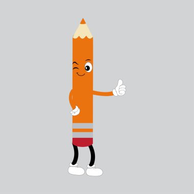 Elle çizilmiş sevimli illüstrasyon okulu kalem karakteri, gülen yüzlü. Renkli karalama tarzında kauçuk kaplamalı düz ikon üniversite kırtasiyesi. Eğitim ya da eğitim etiketi, ikon. Okula dönelim. İzole edilmiş.