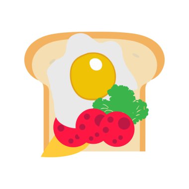 Kızarmış yumurtalı sandviç ve ekmekli tost tereyağlı, kızarmış yumurtalı, peynirli, kahvaltılık kavramlı tost içeren buğday sandviçi vektör çizimi koleksiyonu. Tost dilimleri. Düz tasarım biçimi.