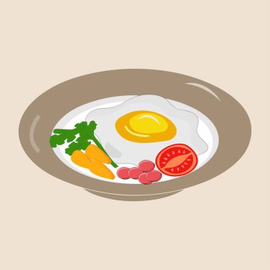 Üst vektör grafiklerin tabağında yumurta var. Çeşitli yumurtalar. Farklı İngiliz kahvaltısı, çizgi film tarzında Vektör çizimi. Domuz pastırması ve sebzeli sahanda yumurta. EPS10