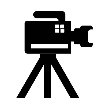Kamera tripodu simgesi, eski ve yeni siyah beyaz, özel bir cephede duruyor. Film video vektör illüstrasyonu, Sinema kamera simgesi.