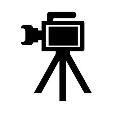 Kamera tripodu simgesi, eski ve yeni siyah beyaz, özel bir cephede duruyor. Film video vektör illüstrasyonu, Sinema kamera simgesi.