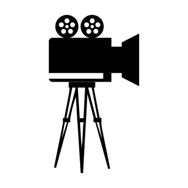 Kamera tripodu simgesi, eski ve yeni siyah beyaz, özel bir cephede duruyor. Film video vektör illüstrasyonu, Sinema kamera simgesi.