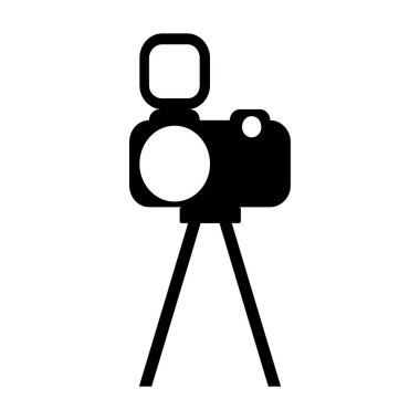 Kamera tripodu simgesi, eski ve yeni siyah beyaz, özel bir cephede duruyor. Film video vektör illüstrasyonu, Sinema kamera simgesi.