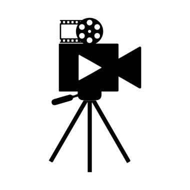 Kamera tripodu simgesi, eski ve yeni siyah beyaz, özel bir cephede duruyor. Film video vektör illüstrasyonu, Sinema kamera simgesi.
