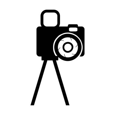 Kamera tripodu simgesi, eski ve yeni siyah beyaz, özel bir cephede duruyor. Film video vektör illüstrasyonu, Sinema kamera simgesi.