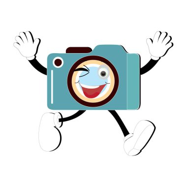 Kamera Retro Maskot Karakteri çizgi filmi, kamera maskotu gülümsüyor ve başparmakları havada. Vektör el çizimi resimleme