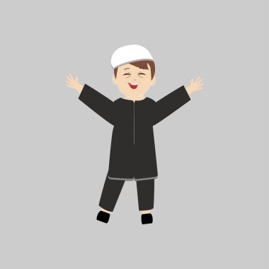 Mutlu Müslüman çocuk çizgi film karakteri vektörü. Müslüman çocuk dua ediyor, küçük Müslüman çocuk farklı poz veriyor ve huzuru hissediyor..