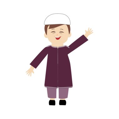 Mutlu Müslüman çocuk çizgi film karakteri vektörü. Müslüman çocuk dua ediyor, küçük Müslüman çocuk farklı poz veriyor ve huzuru hissediyor..