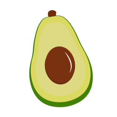 Avokado yemek ikonu. Avokado meyvesinin tamamı ve yarısı beyaz arka planda. Sağlıklı yaşam tarzı için yaz tropikal meyveler. Düz biçimli vektör illüstrasyonu