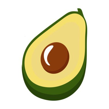 Avokado yemek ikonu. Avokado meyvesinin tamamı ve yarısı beyaz arka planda. Sağlıklı yaşam tarzı için yaz tropikal meyveler. Düz biçimli vektör illüstrasyonu