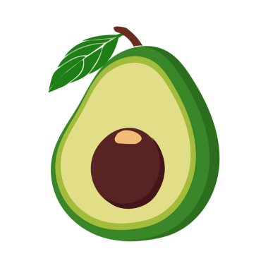 Avokado yemek ikonu. Avokado meyvesinin tamamı ve yarısı beyaz arka planda. Sağlıklı yaşam tarzı için yaz tropikal meyveler. Düz biçimli vektör illüstrasyonu