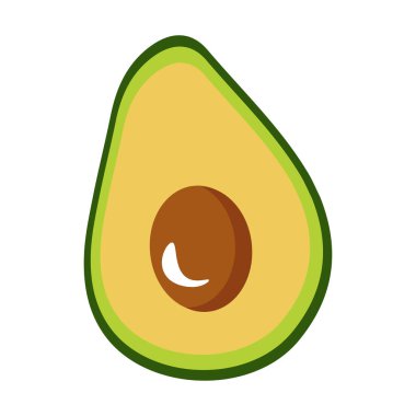 Avokado yemek ikonu. Avokado meyvesinin tamamı ve yarısı beyaz arka planda. Sağlıklı yaşam tarzı için yaz tropikal meyveler. Düz biçimli vektör illüstrasyonu