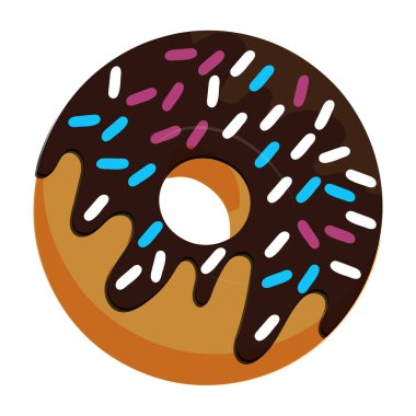 Donut karikatür çizimi, çeşitli şekillerde jöle ve çikolata, kafe tasarımı için elementler, menü, tanıtım afişi. Beyaz arkaplanda renkli jöleli donut.