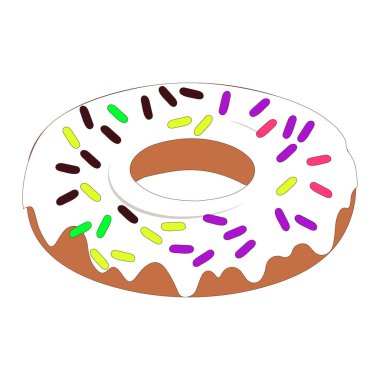 Donut karikatür çizimi, çeşitli şekillerde jöle ve çikolata, kafe tasarımı için elementler, menü, tanıtım afişi. Beyaz arkaplanda renkli jöleli donut.