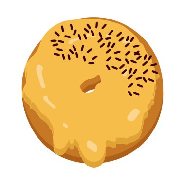 Donut karikatür çizimi, çeşitli şekillerde jöle ve çikolata, kafe tasarımı için elementler, menü, tanıtım afişi. Beyaz arkaplanda renkli jöleli donut.