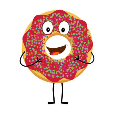 Donut maskotu, klasik çizgi film stili retro vektör illüstrasyonu, tişört tasarımı, poster, çıkartma ve benzeri şeyler için tatlı çörek çizgi film karakteri tasarımı.