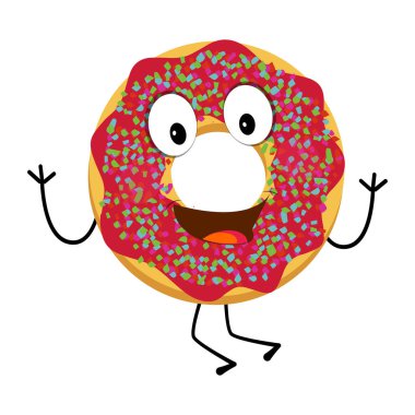 Donut maskotu, klasik çizgi film stili retro vektör illüstrasyonu, tişört tasarımı, poster, çıkartma ve benzeri şeyler için tatlı çörek çizgi film karakteri tasarımı.