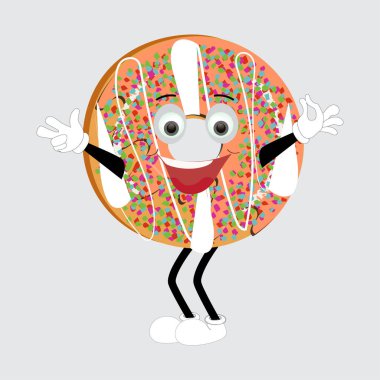 Donut maskotu, klasik çizgi film stili retro vektör illüstrasyonu, tişört tasarımı, poster, çıkartma ve benzeri şeyler için tatlı çörek çizgi film karakteri tasarımı.