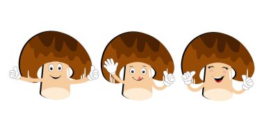 Çeşitli jestlerdeki mantar çizgi film karakteri, grafik tasarımcı için değişik komik duygu ifadeleri olan resimli mantar maskotu, vektör çizimi