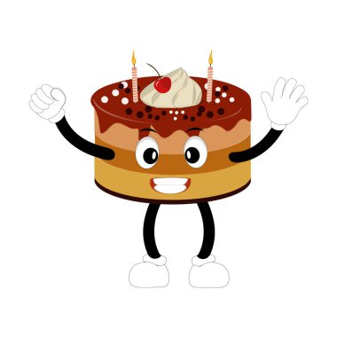 Tatlı tatlı doğum günü pastası çizgi film karakteri tasarımı, klasik karakter çizgi filmi doğum günü pastası, mumlu eski çikolatalı pasta etiketi.