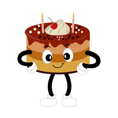 Tatlı tatlı doğum günü pastası çizgi film karakteri tasarımı, klasik karakter çizgi filmi doğum günü pastası, mumlu eski çikolatalı pasta etiketi.