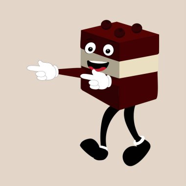 Harika bir pasta dilimlenmiş, gülümseyen bir maskot karakteri. Spor ayakkabılı komik retro doğum günü pastası dilimi, şekerleme maskotu, web sitesi için grafiksel element