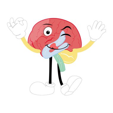 Tatlı beyin maskotu karakteri, Mutlu çizgi film beyin çizimleri. El sallayan el, eğlenceli maskot çizimi, eğitim sembolü, tatlı organ, akıllı fikir, akıl sağlığı konsepti