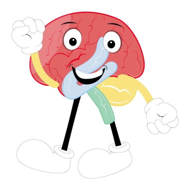 Tatlı beyin maskotu karakteri, Mutlu çizgi film beyin çizimleri. El sallayan el, eğlenceli maskot çizimi, eğitim sembolü, tatlı organ, akıllı fikir, akıl sağlığı konsepti