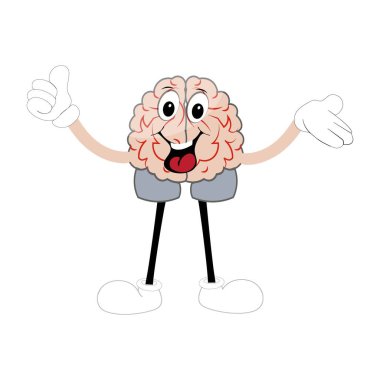 Tatlı beyin maskotu karakteri, Mutlu çizgi film beyin çizimleri. El sallayan el, eğlenceli maskot çizimi, eğitim sembolü, tatlı organ, akıllı fikir, akıl sağlığı konsepti