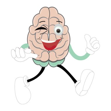 Tatlı beyin maskotu karakteri, Mutlu çizgi film beyin çizimleri. El sallayan el, eğlenceli maskot çizimi, eğitim sembolü, tatlı organ, akıllı fikir, akıl sağlığı konsepti