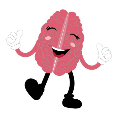 Çeşitli eğlenceli ve anlamlı pozlarda şirin çizgi film beyin maskotunun vektör çizimi. Etkileyici Beyin Çizimi