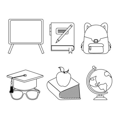Okul Taslak Simgeleri Koleksiyonuna Dönüş. Okul ve eğitim ana hatları simgeleri. Öğrenme, öğretme, öğrenme ve okul temaları için basit çizgi sanat vektörü.