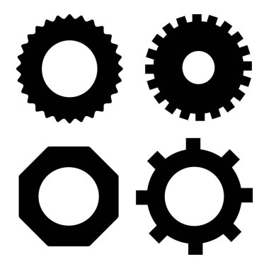 Siyah takımlar ve çark simgeleri farklı şekillerde. Mekanik, endüstriyel, mühendislik ve makine tasarımı kavramları için basit vektör çizimi.
