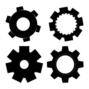 Siyah takımlar ve çark simgeleri farklı şekillerde. Mekanik, endüstriyel, mühendislik ve makine tasarımı kavramları için basit vektör çizimi.