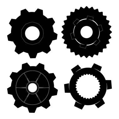 Siyah takımlar ve çark simgeleri farklı şekillerde. Mekanik, endüstriyel, mühendislik ve makine tasarımı kavramları için basit vektör çizimi.