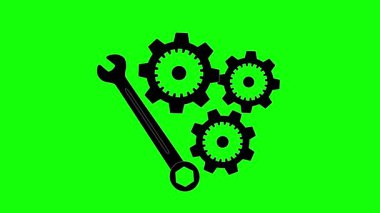 Vites ve anahtar simgelerinin animasyon vektörü. Yeşil ekran arka planında hareket grafiği, mekanik, endüstriyel, mühendislik, onarım ve teknoloji temaları için mükemmel.