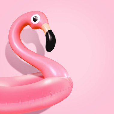 Parlak açık pembe arka planda şişirilebilir pembe flamingodan yapılan moda yaz kompozisyonu. Minimum yaz konsepti. Yaratıcı sanat, çağdaş tarz. Yazma alanı ve kopyalama alanı olan afiş arkaplan.