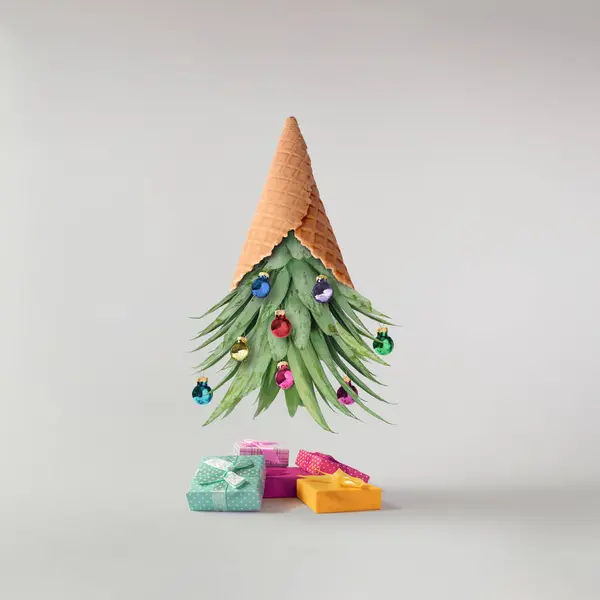 파인애플 아이스크림 크리스마스 장식으로 창조적 개념입니다 배경에 콜라주 창조적인 최소한의 — 스톡 사진