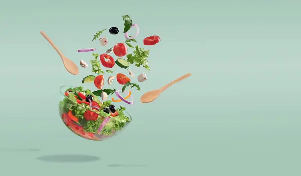 玻璃碗 有沙拉和漂浮在空气中的配料 混合蔬菜制成的沙拉 冥想食物的最小概念 带有文本复制空间的浅绿色背景 — 图库照片