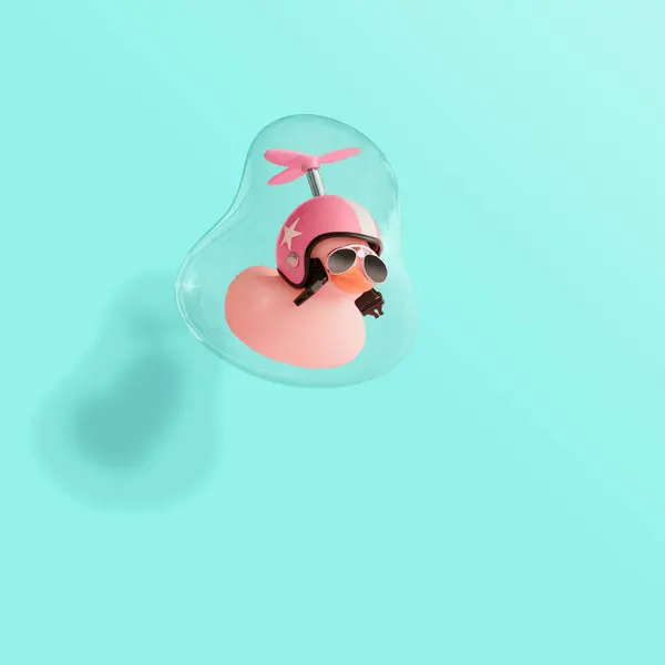 由粉色可爱的小橡胶小鸭和安全帽 太阳镜在肥皂泡中飘浮制成的创意构图 现代风格 创作艺术最低美学 最低抽象概念 — 图库照片