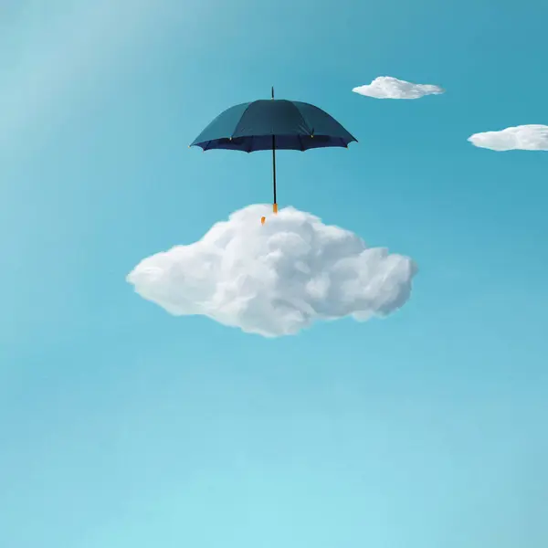 Composizione Composta Ombrello Attaccato Una Nuvola Concetto Minimale Momento Surreale — Foto Stock