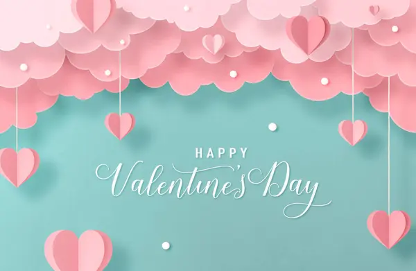 Sevgililer Günü 'nün minimum konsepti ya da pastel pembe ve Tiffany mavisi kağıt sanatının arka planında yer alan kağıt bulutlar ve kalplerden oluşan aşk, asgari estetik, metin için yeri olan aşk bayrağı.