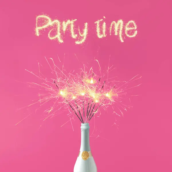 Creative Abstract Festive Composition Bottle Champagne Sparklers Pink Background — Stock Photo, Image