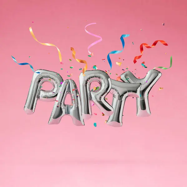 모양의 풍선은 핑크색 파스텔 배경에 화려한 리본과 컨페티로 떠다니며 파티라는 로열티 프리 스톡 사진