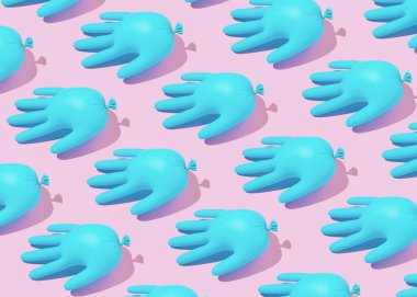 Lateks cerrahi veya tıbbi eldivenlerden yapılmış bir kalıp. Yeni Corona virüsü enfeksiyonu (Corona virüsü hastalığı) geçmişi. Salgın panik konsepti.